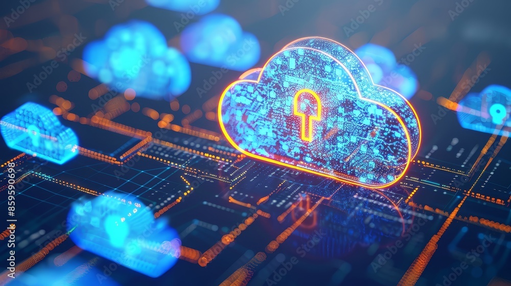 Poster a digital illustration of a glowing cloud with a padlock inside, depicting secure cloud computing.