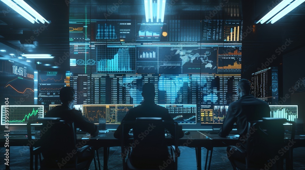 Poster three people in black shirts sit in front of a wall of computer monitors displaying graphs, charts, 