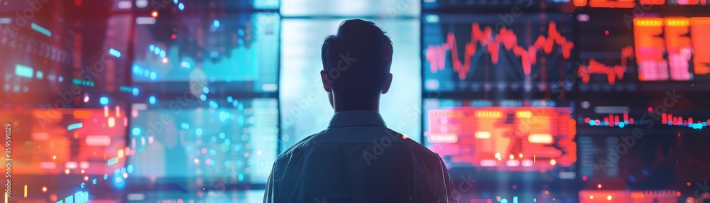 Aufkleber a man stands in front of a large wall of monitors displaying colorful data, charts, and graphs. the 