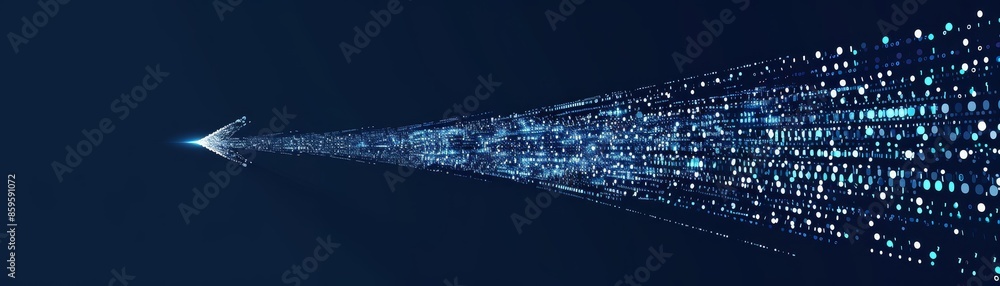 Poster an abstract digital stream of data rendered in shades of blue, with a glowing light source at the or