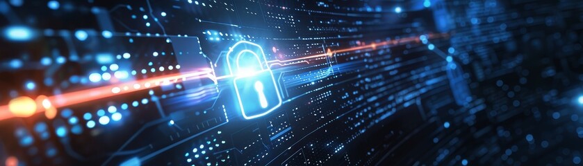 A glowing padlock symbol, representing digital security, is placed on a futuristic, abstract background, featuring digital lines and data.