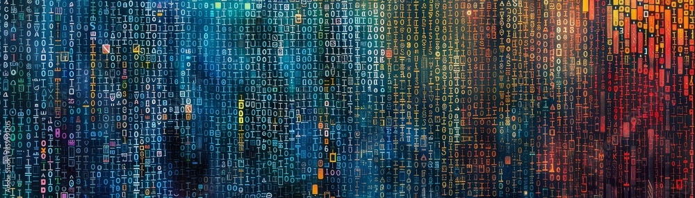 Poster a digital pattern of various symbols, letters, and numbers in a colorful design.