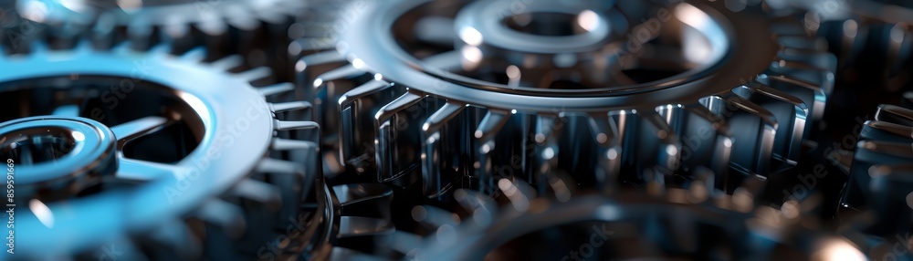 Poster a close-up view of interlocking metallic gears, showcasing their intricate design and polished surfa