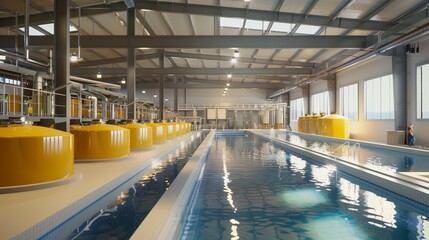Obraz premium Advanced and clean fish sauce production plant, environmentally conscious, state-of-the-art machinery, sustainable practices, green energy integration