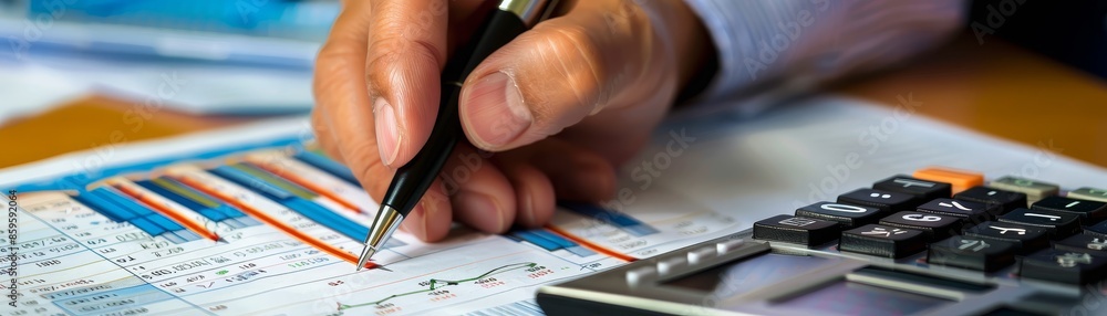 Poster a hand holding a pen points at a financial report with graphs and numbers, while a calculator lies n