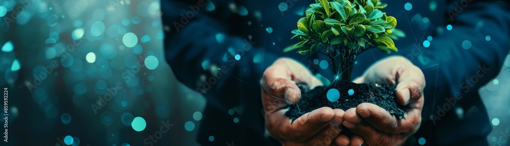 Poster protecting the future: hands holding a sapling against a blue bokeh background