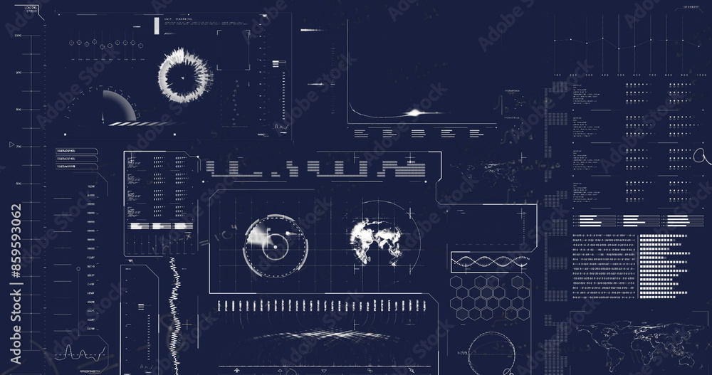 Poster image of mathematical equations over interface with data processing against blue background