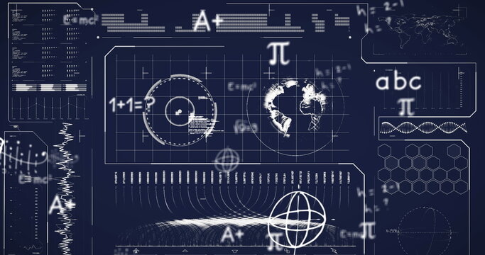 Image of mathematical equations over interface with data processing against blue background