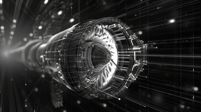 A jet engine is depicted as a digital wireframe, surrounded by abstract lines.