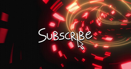 Image of subscribe text over glowing light trails background - Powered by adobe