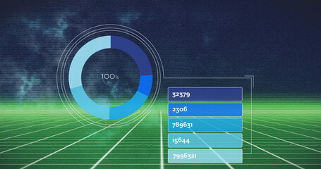 Image of statistical data processing over green grid network against blue background