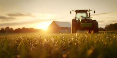 Fototapeta premium Daily farm routine at sunset tractor parked in front of barn. Concept Farm Life, Sunset Scenery, Tractor, Barnyard Beauty, Rural Settings