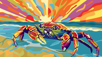 Fototapeta premium Vibrant digital artwork of a colorful crab on a beach with a stunning sunset in the background showcasing bold and bright colors.