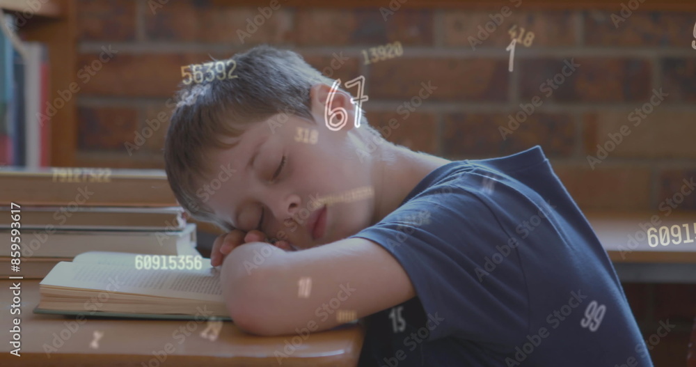 Poster image of looping changing numbers over caucasian boy sleeping on book in classroom