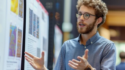 A young man in a blue shirt and glasses presents his work on a poster board at a conference.