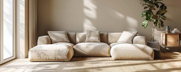 Beige sofa in the contemporary living room interior, with sunlight casting shadows through the windows.