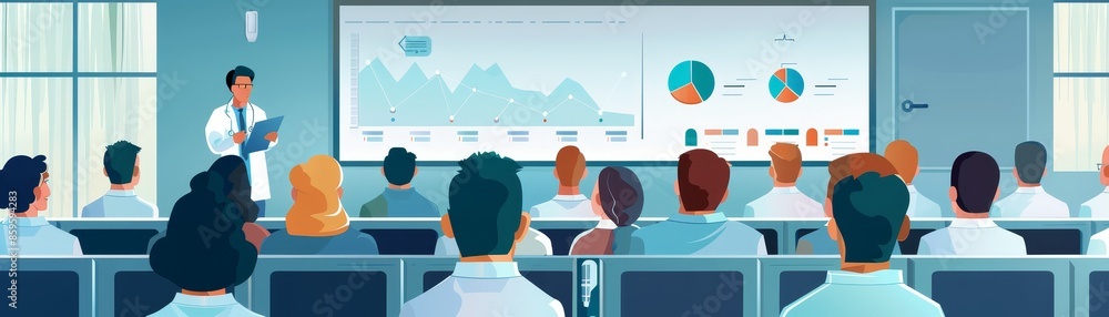 Poster A medical professional in a white coat delivers a presentation to an audience in a conference room setting, utilizing charts and graphs to illustrate key data points.
