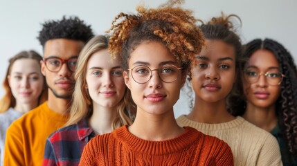 Obraz premium A group of young individuals wears stylish glasses and casual attire while standing outdoors, portraying friendship, diversity, and contemporary fashion in a pleasant scene.