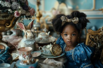 Naklejka premium AI generated illustration of a young girl in a blue dress with a large bow
