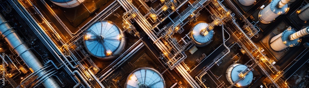 Poster a view from above of a refinery at night, featuring illuminated tanks and pipelines.