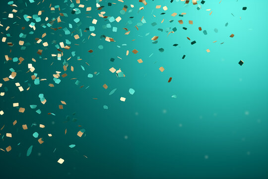 Falling confetti on teal color background, celebration concept