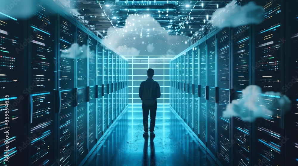 Poster a silhouette of a man stands in a server room with glowing blue lights. there are clouds and a netwo