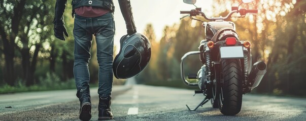 Motorcyclist walking towards his motorcycle, holding a helmet. Close-up shot on the leather jacket and bike in the background.