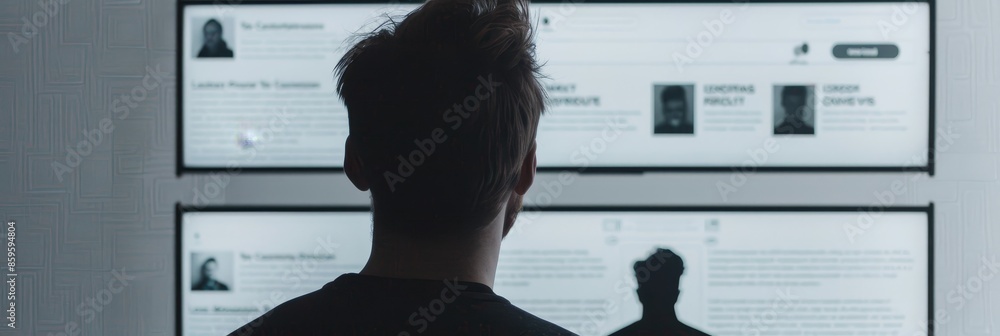 Poster a man in silhouette stares intently at a screen displaying multiple profiles. the screen is illumina