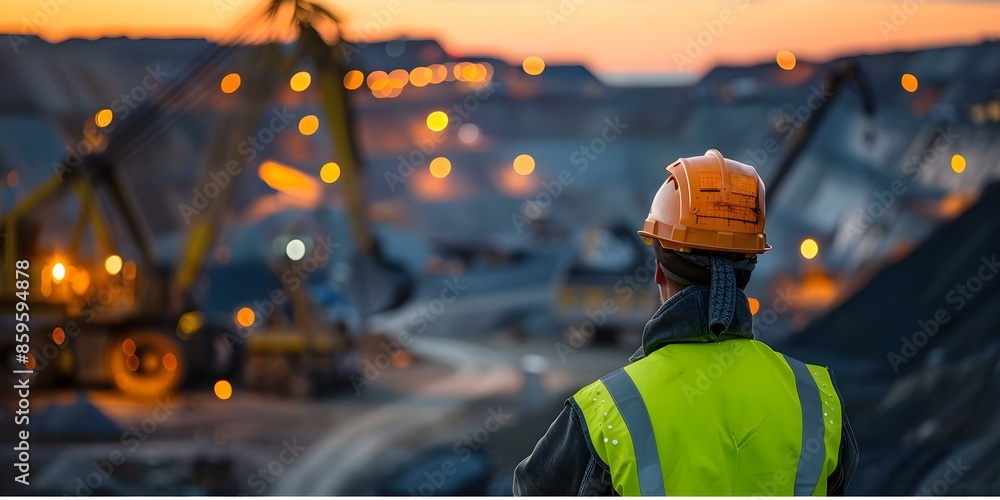 Poster supervisor in high-visibility gear monitoring mining site at dusk. concept mining site supervision, 