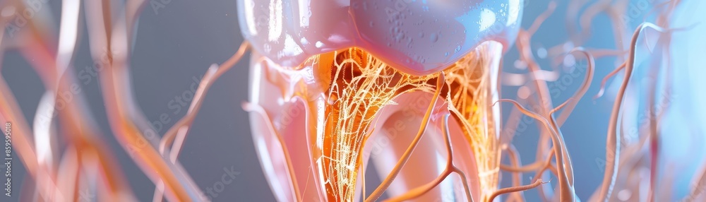 Poster a close-up view of a human tooth with visible nerves and blood vessels. the tooth is rendered in a 3