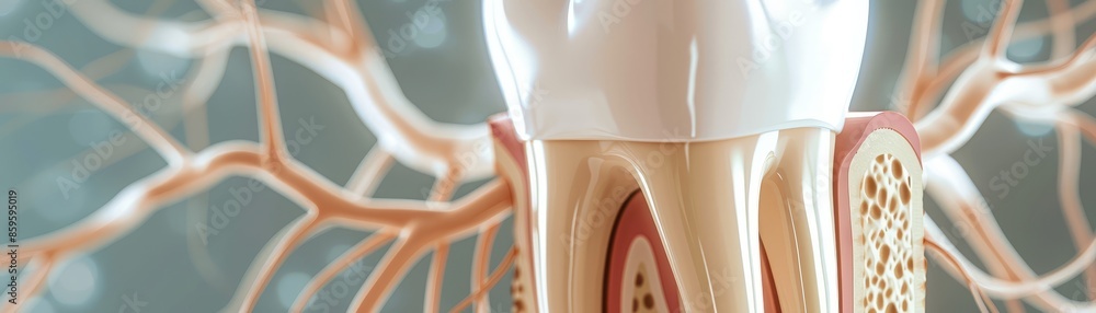 Poster a close-up cross-section of a tooth reveals the inner structures, including enamel, dentin, and bone