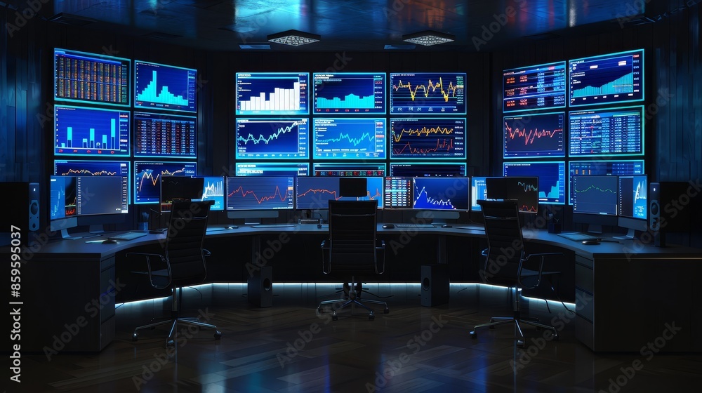 Poster a modern trading room with multiple screens displaying stock market data