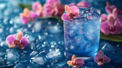 A refreshing blue drink filled with ice cubes, adorned with pink orchids, scattered on a watery surface with ice, offering a visual treat of coolness and beauty.