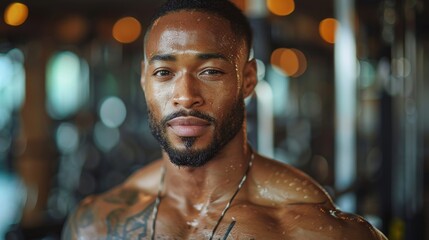Obraz premium A powerful image of a muscular man in a gym environment, highlighting his well-built physique and dedication to physical fitness and strength training.