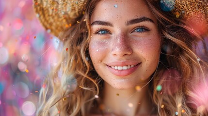 Obraz premium An individual donning a festive hat amidst a shower of colorful confetti, capturing a lively celebration atmosphere filled with joy and festivity.