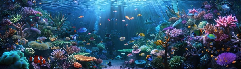 Fototapeta premium Vibrant underwater scene with colorful coral reefs and diverse marine life illuminated by sunlight in a serene aquatic environment.
