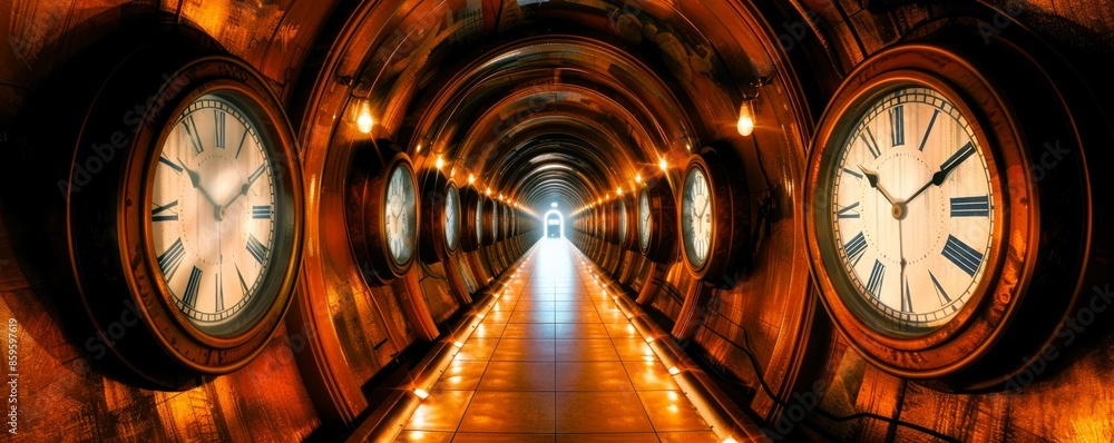 Poster a visually striking tunnel with glowing lights and clocks symbolizing time travel and futuristic the