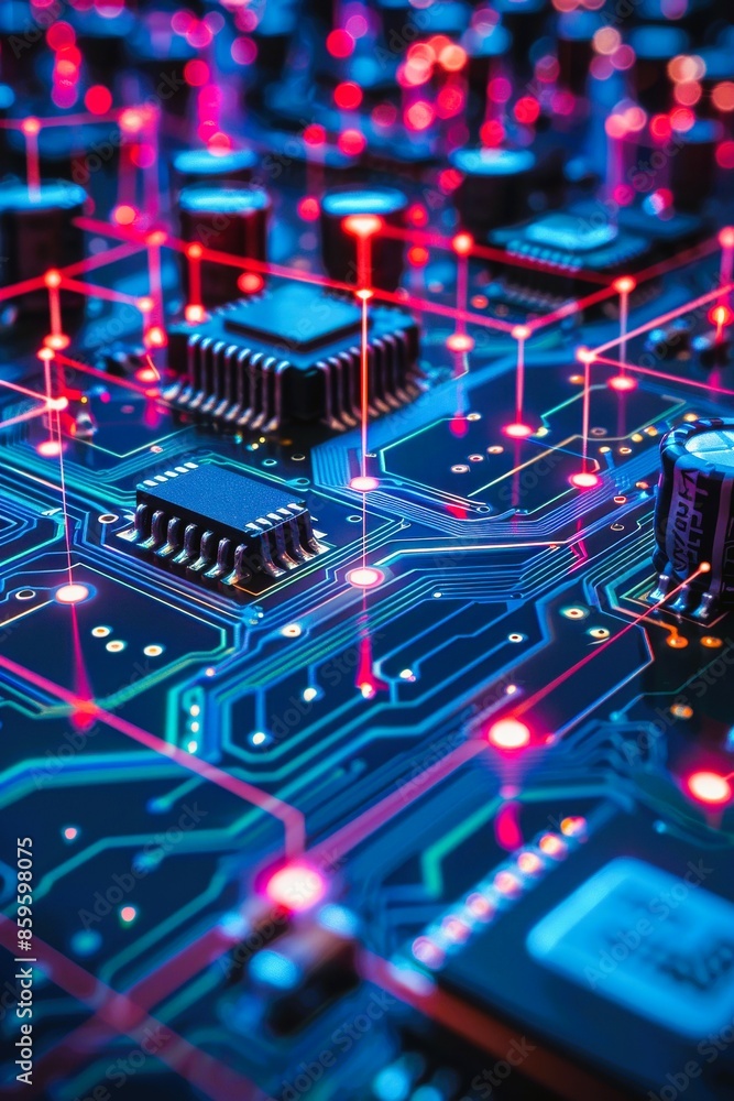 Poster close-up of a glowing circuit board with interconnected components showcasing modern technology, ele