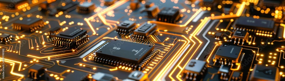 Poster high-tech close-up of a glowing circuit board with microchips and electronic components, representin