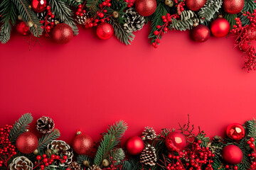 Top view of festive Christmas decorations border on red background, ideal for holiday designs.