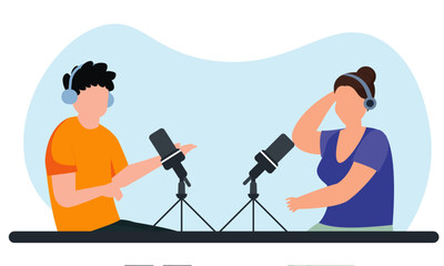 A radio announcer interviews guests on the radio station. a man and a woman