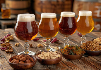 A table with four glasses of beer and a bowl of nuts