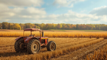 Obraz premium A golden cornfield with a vintage tractor in the foreground, showcasing rural harvest charm 