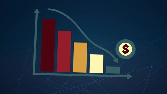 3D motion animation of going downward bar chart falling stock index Graph arrow showing fluctuate trend Tickers Changing Motion Background decline decrease losses business index