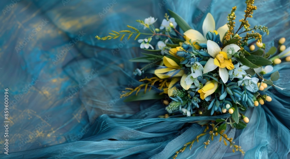 Canvas Prints A bouquet of flowers on a blue cloth with some greenery. AI.