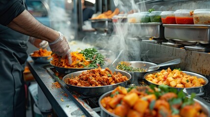 Freshly Prepared Street Food in a Busy City Food Stall with a Chef Preparing Orders