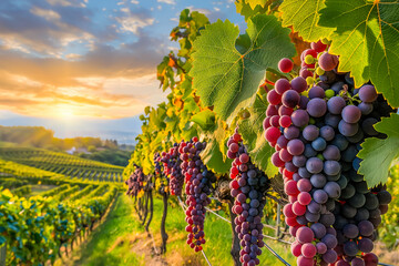 A picturesque vineyard with lush grapevines, highlighting the fruitful bounty of the autumn harvest 