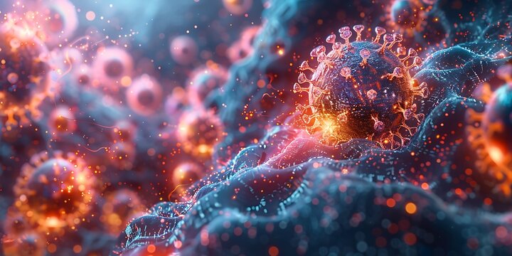 Microscopic view of a virus in a vibrant and colorful environment.