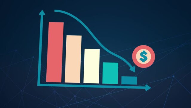 3D motion animation of going downward bar chart falling stock index Graph arrow showing fluctuate trend Tickers Changing Motion Background decline decrease losses business index