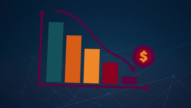 3D motion animation of going downward bar chart falling stock index Graph arrow showing fluctuate trend Tickers Changing Motion Background decline decrease losses index